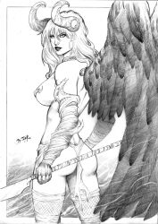 1girls 2010s 2018 angel angelus armor ass back_view big_breasts bikini_armor breasts curved_horn curved_horns dyegojack feathered_wings feathers female fishnets full_lips holding holding_object holding_spear horns image_comics light-skinned_female light_skin loincloth long_hair rear_view side_view sideboob solo spear the_darkness top_cow traditional_media_(artwork) wavy_hair wings