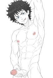 1boy 1male ai_generated bara big_penis bottom_pov civitai enticing gay gay_male illustrious_(stable_diffusion) implied_sex male male_focus male_only male_prey nude queer stable_diffusion sweat sweating tied_up tokyo_revengers yaoi black_and_white showing_off jerking jerkingoff one_arm_up arms_behind_head smirking_at_viewer smirking smirk tongue_out takemichi_hanagaki timeskip_takemichi_hanagaki timeskip_takemichi
