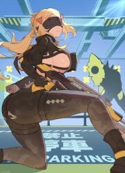 1girls ass big_ass big_breasts blonde_hair bottom_heavy breasts bubble_butt clothing crouching ethereal_(zenless_zone_zero) fat_ass female female_only female_soldier gun hourly_vitamins huge_ass large_ass looking_at_viewer looking_back monster rifle sideboob sniper sniper_rifle soldier solo squatting thick_ass thick_thighs trigger_(zenless_zone_zero) visor wide_hips zenless_zone_zero