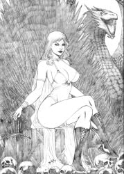 2020s 2021 a_song_of_ice_and_fire ass big_ass big_breasts boots breasts cleavage crossed_legs daenerys_targaryen dragon dyegojack full_lips game_of_thrones house_targaryen human iron_throne long_hair nipple_bulge open_mouth pose posing roaring scales sitting sitting_on_throne skull skulls sword swords talons thighs throne traditional_media_(artwork) valyrian wavy_hair wide_hips