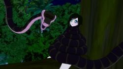 1boy 1girls 3d ass black_hair breasts cleavage coiled coiling failed_resistance fat_ass fat_tits happy_trance huge_breasts hypnosis jungle kaa kaa_eyes koikatsu lipstick loincloth midriff mind_control mindless mrkoiru outdoors pale_skin ruby_rose rwby short_hair smile snake the_jungle_book tree wide_hips