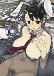 animal_ear blush breast_hold breasts brown_eyes brown_hair bunny_ear bunny_girl floating glass hair_bun hairband kaqo large_breasts navel necktie nipples nude pubic_hair pussy sitting water