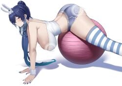 all_fours alternate_costume animal_ears ass azur_lane bare_shoulders blue_eyes blue_hair blue_nails blue_shorts blush breasts camisole cg crop_top exercise exercise_ball fake_animal_ears female from_side hanging_breasts huge_breasts large_breasts long_hair looking_at_viewer nail_polish new_jersey_(azur_lane) new_jersey_(private_quarters)_(azur_lane) ponytail rabbit_ears short_shorts shorts sideboob simple_background solo striped_clothes striped_thighhighs thighhighs thighs very_long_hair white_background
