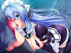 1boy all_fours apron bikini bikini_top_only black_bikini black_gloves black_thighhighs blue_eyes blue_hair blush boots breasts brick_floor censored chains chest_jewel collar covered_nipples dutch_angle elbow_gloves exs-tia fellatio female frilled_skirt frills game_cg gloves hair_between_eyes hair_intakes headgear imminent_fellatio inoino jacket katsuragi_marina kneeling kouyoku_senki_exs-tia large_breasts large_variant_set licking licking_penis long_hair maid maid_headdress micro_bikini mosaic_censoring non-web_source official_art open_clothes open_mouth oral penis precum puffy_short_sleeves puffy_sleeves saliva shiny_clothes short_sleeves skirt solo_focus stone_floor straight swimsuit thighhighs tongue tongue_out variant_set very_long_hair waist_apron