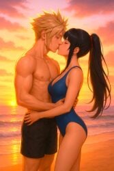 1boy1girl abs ai_generated asian_female ass attractive babe beach beautiful beautiful_background black_ponytail black_trunks blonde_hair cleavage cloud_strife couple_(romantic) crossover crossover_shipping dead_or_alive dead_or_alive_5 european_male fantasy final_fantasy final_fantasy_vii handsome kissing muscular_male netherrealm_studios nipples nyotengu realistic sand sexy sidelocks spiky_hair sunset swim_trunks swimsuit team_ninja tecmo thighs video_game_character video_game_franchise video_games waves