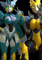 3d 3d_(artwork) areola areolae_peeking big_breasts breasts cascade_(sillyafterdark) dracona_(transformers) fan_character glowing_eyes green_eyes green_panties peace_sign robot robot_girl robot_humanoid thick_thighs thighs transformers yellow_eyes yellow_lipstick yellow_panties zachaboy