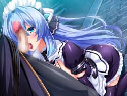 1boy apron black_pants blue_eyes blue_hair blush boots breasts brick_floor censored chains collar dutch_angle elbow_gloves exs-tia fellatio female floating_hair frilled_skirt frills game_cg gloves hair_between_eyes hair_intakes headgear imminent_fellatio indoors inoino katsuragi_marina kneeling kouyoku_senki_exs-tia large_variant_set licking licking_penis long_hair maid maid_headdress miniskirt mosaic_censoring non-web_source official_art open_mouth oral pants penis puffy_short_sleeves puffy_sleeves purple_skirt purple_thighhighs shiny_clothes shiny_legwear short_sleeves skirt solo_focus straight thigh_boots thighhighs tongue tongue_out variant_set very_long_hair waist_apron zettai_ryouiki