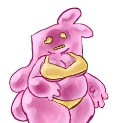 golden_bikini cyboobr goobie_(cyboobr) slime_girl sharp_teeth pink_body shiny goo_girl chubby big_thighs