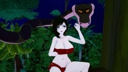 1boy 1girls 3d angry annoyed black_hair breasts cleavage fat_tits frown huge_breasts jungle kaa koikatsu lipstick loincloth midriff mrkoiru outdoors pale_skin ruby_rose rwby short_hair silver_eyes snake the_jungle_book tree wide_hips