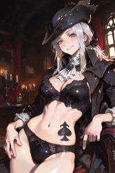 1female 1girls 2025 ai_assisted ai_generated anime_style background big_breasts black_underwear bloodborne blush blush_lines blushing_female breast_grab breasts cloak clothed clothed_female clothing female female_focus fromsoftware goth goth_girl grabbing grabbing_breasts grabbing_own_breast green_eyes lady_maria_of_the_astral_clocktower large_breasts light-skinned_female light_skin lingerie long_hair looking_at_viewer open_legs ponytail pose posing posing_for_picture pussy qos qos_tattoo queen_of_spades queen_of_spades_symbol queen_of_spades_tattoo room smile smiling smiling_at_viewer tagme tattoo tattoo_on_belly tattoos tricorne uncensored underwear video_game video_game_character video_game_franchise video_games white_hair