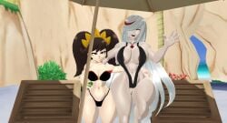 2girls 3d adult_sage_(kabalmystic) ashley_(warioware) beach beach_umbrella big_breasts bikini black_hair breasts female female_only kabalmystic_(style) long_hair mikumikudance mmd nintendo sage_(sonic_frontiers) sega sling_bikini slingshot_swimsuit smile sonic_(series) sonic_frontiers ssirkthesaiyan swimsuit thick_thighs tropical twintails warioware white_hair
