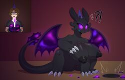 1girls absurd_res after_transformation anthro areola big_breasts black_body blush breasts claws dragon dreamworks european_mythology female flybeeth fury_(httyd) genitals hair hi_res how_to_train_your_dragon human human_to_anthro mammal mythological_creature mythological_scalie mythology night_fury nipples nude scalie species_transformation thick_thighs toothless transformation vulva western_dragon