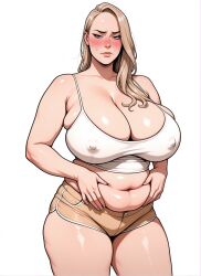 ai-created ai_generated armpit_crease asymmetrical_hair belly_grab big_forehead blonde_female blonde_hair blush blushing_profusely camisole cleavage cleavage_overflow clothed_female contrapposto curvaceous dolphin_shorts embarrassed embarrassed_expression embarrassed_female erect_nipples_under_clothes fat_belly forehead grey_eyes hair_behind_ear hands_on_belly huge_breasts light-skinned_female long_hair looking_at_viewer low_neckline midriff original overweight_female parted_hair plump sagging_breasts short_shorts shorts simple_background skindentation smutma spaghetti_strap sweat sweatdrop tall_female tensor.art tensor_art thick_thighs tight_clothing tsurime voluptuous voluptuous_female white_background white_topwear