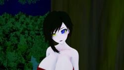1boy 1girls 3d black_hair breasts cleavage confused fat_tits huge_breasts hypnosis jungle kaa kaa_eyes koikatsu lipstick loincloth midriff mind_control mrkoiru outdoors pale_skin resisting ruby_rose rwby short_hair snake the_jungle_book tree weak_resistance wide_hips