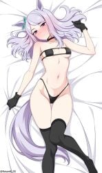 1girls barely_clothed barely_contained barely_covered belly bikini_top blush blushing blushing_female cute cute_eyes cute_face eyepatch_bikini female female_only flat_chest flat_chested gripping_sheets hips horse_girl horse_tail juicy_thighs laying_in_bed looking_at_viewer mejiro_mcqueen_(umamusume) on_back on_bed petite petite_body petite_female petite_tits purple purple_hair purple_tail roswell-ss roswell_ss small_boobs small_breasts socks solo_female staring_at_viewer tail thighs thong thong_bikini thong_straps tiny_breasts tiny_waist tummy umamusume white_background