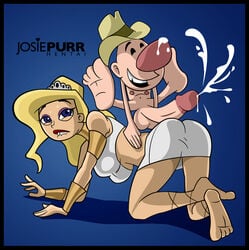 1boy 1boy1girl 1girls 4_fingers 4_toes 5_fingers big_nose big_penis billy_(billy_and_mandy) biting_lip black_bead_eyes blonde_hair blue_background blue_eyes cartoon_network cowboy_hat crown cum cum_on_nose eris_(billy_and_mandy) goddess hands_on_floor headwear headwear_only josiepurr kneeling light-skinned_female light-skinned_male male_on_female nipples nude_male older_woman_and_younger_boy penis pink_nose purple_eyeshadow red_lipstick straight_hair sweat the_grim_adventures_of_billy_and_mandy