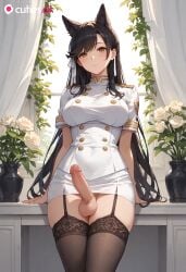 ai_generated amber_eyes atago_(azur_lane) azur_lane balls ballsack belly belly_button black_hair blush detailed_background dog_ears erect_penis erection erection_under_clothing erection_under_skirt futa_only futanari garter_straps highres hourglass_figure medium_breasts medium_penis military_uniform naval_uniform penis perfect_body plump_thighs slight_smile stockings stomach stretched_clothing tight_clothing tight_skirt watermark white_bow white_shirt white_skirt