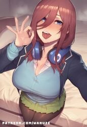 ai_generated big_ass big_breasts big_butt big_thighs blue_eyes blue_jacket blush center_opening from_above go-toubun_no_hanayome green_skirt headphones huge_ass huge_breasts huge_butt huge_thighs jacket nakano_miku ok_sign open_mouth pantyhose pleated_skirt red_hair selfie skirt tongue_out wanuze wide_hips