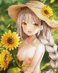 :d ai-assisted ai-generated blurry blurry_background blush braid breasts brown_hair brown_hat collarbone completely_nude day depth_of_field female flower hair_ribbon hat hat_flower hat_ornament holding holding_flower large_breasts long_hair looking_at_viewer nipples non-web_source nude nude_filter open_mouth outdoors ribbon smile solo straw_hat sunflower sunflower_petals sunlight third-party_edit twin_braids upper_body yellow_eyes yellow_flower yellow_ribbon
