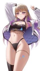 1girls armpits asymmetrical_legwear cameltoe choker exhibitionism exhibitionist exposed_panties flowglow highleg_panties hololive hololive_dev_is hololive_flow_glow hololive_japan jacket long_hair panties purple_eyes single_glove slutty_female somebody_(leiking00) todoroki_hajime viewed_from_below
