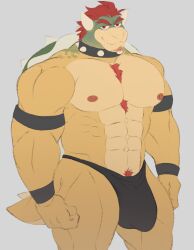 abs anthro body_hair bowser briefs bulge chest_hair clothing facial_hair goatee hair hi_res horn koopa male mario_bros muscular muscular_male nintendo nipples pecs red_eyes red_hair reptile ryandidindoome scalie solo underwear yellow_body