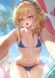 1boy absurdres bikini blonde_hair blue_bikini blue_eyes blue_sky blush bridget collarbone guilty_gear hakusyokuto highres long_hair looking_at_viewer male navel palm_tree sky solo swimsuit trap tree