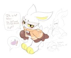 absurd_res anthro balls blush bodily_fluids bombun bombun_(kekitopu) bra brown_bra brown_clothing brown_gloves brown_handwear brown_panties brown_underwear closed_eyes clothed clothing dialogue directional_arrow duo eggplant eyelashes eyewear female food fruit genitals gloves handwear heart_symbol hi_res human_fetish humanoid_genitalia humanoid_penis interspecies jacket kekitopu lagomorph leporid licking licking_lips looking_at_genitalia looking_at_penis looking_at_viewer male male/female mammal motion_lines offscreen_human offscreen_male open_clothing open_jacket open_topwear orange_clothing orange_jacket orange_topwear panties penis penis_on_belly plant pointy_sunglasses rabbit scut_tail short_tail sunglasses sweat tail tongue tongue_out topwear underwear undressing white_body yellow_eyes yellow_toes