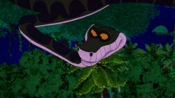 1boy 1girls 3d angry black_hair breasts cleavage fat_tits frown huge_breasts jungle kaa koikatsu lipstick loincloth mrkoiru outdoors pale_skin ruby_rose rwby short_hair silver_eyes snake the_jungle_book tree wide_hips