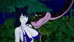 1girls 3d ass bikini black_hair blake_belladonna breasts cat_ears cat_girl crossover fat_ass faunus female hypnosis jungle kaa kaa_eyes koikatsu large_ass large_breasts leopard_print lipstick mind_control mrkoiru nervous outdoors pale_skin purple_lipstick resisting rwby short_hair snake swimsuit the_jungle_book tree weak_resistance yellow_eyes