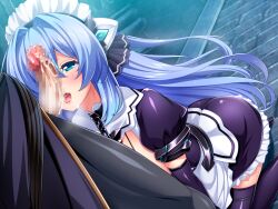 1boy after_fellatio apron blue_eyes blue_hair blush boots breasts brick_floor censored chains collar cum cum_in_mouth cum_on_body dutch_angle elbow_gloves exs-tia facial fellatio female floating_hair frilled_skirt frills game_cg gloves hair_between_eyes hair_intakes headgear imminent_fellatio inoino katsuragi_marina kneeling kouyoku_senki_exs-tia large_variant_set long_hair maid maid_headdress miniskirt mosaic_censoring non-web_source official_art open_mouth oral pants penis penis_out puffy_short_sleeves puffy_sleeves purple_skirt shiny_clothes shiny_legwear short_sleeves skirt solo_focus straight thigh_boots thighhighs tongue variant_set very_long_hair waist_apron zettai_ryouiki