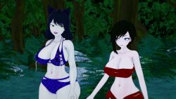 2girls 3d angry animal_ears animal_print animal_print_bikini ass black_hair blake_belladonna breasts cat_ears catgirl cleavage fat_ass frown huge_ass huge_breasts koikatsu lipstick loincloth mrkoiru pale_skin ruby_rose rwby short_hair silver_eyes smile the_jungle_book yellow_eyes