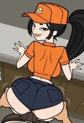 ai_assisted ai_generated anus_focus anus_peek ass_focus ass_grab ass_rub clothed dry_humping evelynn_(lowiqtaboo) fast_food_restaurant fast_food_uniform from_below grabbing_own_ass grinding grinding_through_clothes lowiqtaboo oc original_character rubbing_penis total_drama_island