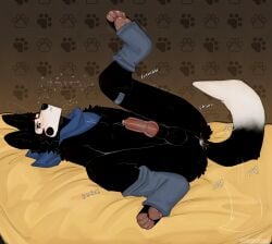 absurd_res after_anal after_sex afterglow animal_genitalia animal_penis anthro anus ass balls band-aid band-aid_on_leg bandage bedding black_body black_fur blush bodily_fluids breath canid canine canine_genitalia canine_penis canis cerberussenn clothing cum cum_in_ass cum_inside cum_on_chest cum_on_clothing dipstick_tail footprint footwear fur genital_fluids genitals heart_eyes heart_symbol hi_res kerchief knot legs_up lidded_eyes lucky_sweeto_(cerberussenn) male mammal markings mole_(marking) neckerchief neckwear panting pawpads pawprint penis pie_cut_eyes precum precum_bead presenting presenting_anus presenting_hindquarters presenting_penis raised_leg sheath solo sweat tail tail_markings tail_motion tailwag tremble_spikes white_body white_fur wolf