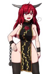 alternate_color areola_slip areolae black_legwear chains female formicid hand_on_hip horns ibaraki_douji_(touhou) kasen_ibaraki large_breasts long_hair naked_tabard no_panties oni oni_horns open_mouth red_eyes red_hair sharp_teeth tabard thighhighs thighs touhou