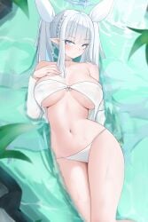 azur_lane bare_shoulders bikini blue_eyes blush bois_belleau_(azur_lane) bois_belleau_(steamy_therapy)_(azur_lane) braid breasts breasts_apart cg choker closed_mouth collarbone female hair_ribbon halo hand_on_own_chest large_breasts long_hair long_sleeves looking_at_viewer lying mole mole_under_eye navel off_shoulder on_back open_clothes partially_submerged pointy_ears shirt solo stomach strapless strapless_bikini swimsuit thighs twintails underboob water wet white_bikini white_choker white_hair white_ribbon white_shirt