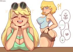 2girls ass blonde_female blonde_hair closed_eyes female female_only leni_loud long_hair lori_loud nickelodeon prokylan short_hair smile speech_bubble sunglasses sunglasses_on_head teenage_girl teenager the_loud_house