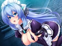 apron bikini bikini_top_only black_bikini black_thighhighs blue_eyes blue_hair blush boots breasts brick_floor chains cleavage collar covered_nipples dress drooling dutch_angle elbow_gloves exs-tia female floating_hair frills game_cg gloves hair_between_eyes hair_intakes headgear indoors inoino katsuragi_marina kneeling kouyoku_senki_exs-tia large_breasts large_variant_set long_hair maid maid_headdress micro_bikini miniskirt non-web_source official_art open_mouth puffy_short_sleeves puffy_sleeves purple_thighhighs saliva shiny_clothes shiny_legwear shiny_skin short_sleeves sitting skirt solo strap_gap swimsuit thigh_boots thighhighs v_arms variant_set very_long_hair waist_apron white_apron zettai_ryouiki