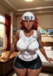 ai_generated bangs bare_arms bare_shoulders bed bedroom black_shorts blush boruto:_naruto_next_generations breasts brown_eyes brown_lips chest_of_drawers clothing collarbone covered_navel covered_nipples curtains curvy dark-skinned_female dark_skin earrings female female_only forehead_protector freckles headband indoors jewelry jousneystudio karui konohagakure_symbol large_breasts lips long_hair looking_at_viewer mature_female naruto naruto_(series) naruto_shippuden navel nipples nose orange_eyes painting_(object) patreon photo_(object) picture_frame pillow red_hair red_lips shirt short_shorts shorts sleeveless sleeveless_shirt solo standing tank_top thick_lips thick_thighs thigh_gap thighs very_dark_skin white_tank_top wide_hips window