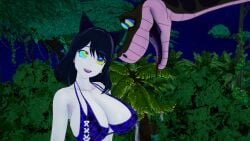 1girls 3d ass bikini black_hair blake_belladonna breasts cat_ears cat_girl crossover failed_resistance fat_ass faunus female happy_trance hypnosis jungle kaa kaa_eyes koikatsu large_ass large_breasts leopard_print lipstick mind_control mrkoiru outdoors pale_skin purple_lipstick rwby short_hair smile snake swimsuit the_jungle_book tree yellow_eyes