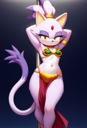 ai_generated blaze_the_cat crossover crossover_cosplay female frown hands_behind_head long_tail pole_dancing seductive_eyes sega slave_bikini slave_leia_(cosplay) solo_female sonic_(series) spotlight_beam star_wars stripper_pole