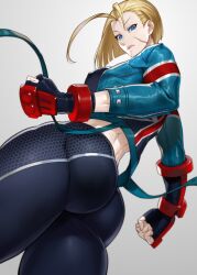 1girls ahoge ass ass_focus blonde_hair blue_eyes breasts cammy_white female fingerless_gloves gloves grey_background highres ippo jacket large_breasts lips looking_back looking_down pants scar scar_on_face serious street_fighter union_jack