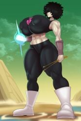1girls 2025 abs absurd_res alien_humanoid ber00 black_hair breasts bushy_hair clothed clothed_female dragon_ball drumsticks erect_nipples_under_clothes eyes_covered female female_only glowing_hand high_resolution highres humanoid large_breasts muscles muscular muscular_arms muscular_female muscular_thighs nipple_bulge oc original_character png saiyan saiyan_girl short_hair solo solo_female thick_thighs wide_hips