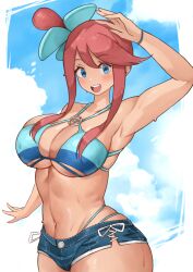 :d absurdres alternate_costume aqua_bikini bikini blue_eyes blush breasts cleavage cloud dark-skinned_female dark_skin female female_focus hair_ornament highleg highleg_bikini highres large_breasts looking_at_viewer micro_shorts navel nintendo oniisan02b open_mouth pokemon pokemon_bw propeller_hair_ornament red_hair short_hair_with_long_locks shorts side-tie_shorts sky skyla_(pokemon) smile solo standing sweat swimsuit teeth topknot upper_teeth_only yotsuha_uni yotsuhauni
