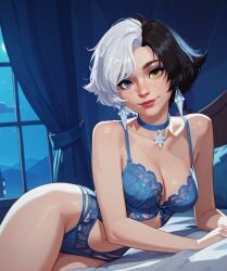ai_generated bed bedroom black_hair boudoir bra choker cleavage clothed clothed_female clothing earrings female freckles heterochromia hips laying_down laying_on_bed laying_on_side lingerie lingerie_bra lingerie_only lingerie_panties looking_at_viewer luna_snow luna_snow_(marvel_rivals) marvel marvel_rivals medium_breasts no_nudity panties portrait pov pov_eye_contact proriforator seductive seductive_eyes seductive_look seductive_pose seductive_smile short_hair tasteful white_hair wide_hips