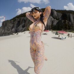 3d armpits arms_up bare_shoulders barefoot beach bestreyever bikini bikini_bottom bikini_top braid braided_hair earrings epic_games female female_focus fortnite fortnite:_battle_royale freckles freckles_on_face full_body_tattoo golden_bikini hands_behind_head jules_(fortnite) light-skinned_female light_skin lipstick long_hair looking_at_viewer navel_piercing outside piercings septum_ring standing swimwear tattoo tattoos two_piece_swimsuit