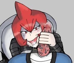 after_oral bedroom_eyes cum cum_in_mouth frog grey_background holding_penis interspecies mars_(pokemon) pale_skin pokemon pokemon_dppt pokephilia red_eyes red_hair self_upload skirt team_galactic toxicroak