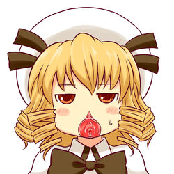 1girls blonde_hair blush censored clitoris clothed compression_artifacts drill_hair half-closed_eyes hat looking_at_viewer luna_child orange_eyes pussy_juice pussy_mouth ribbon sweat touhou urethra wet white_background