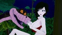1boy 1girls 3d angry annoyed black_hair breasts cleavage fat_tits frown huge_breasts jungle kaa koikatsu lipstick loincloth midriff mrkoiru outdoors pale_skin ruby_rose rwby short_hair silver_eyes snake the_jungle_book tree wide_hips