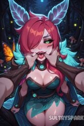 ai_generated blush breasts bug butterfly cleavage dress elderwood_xayah fangs female finger_in_another's_mouth futarush green_eyes hair_over_one_eye large_breasts league_of_legends long_hair looking_at_viewer mushroom night open_mouth patreon patreon_username pov red_hair riot_games solo_focus sultryspark teeth tongue tongue_out xayah