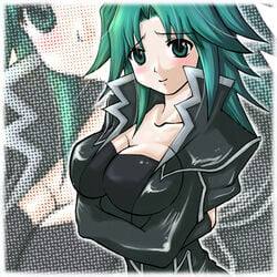 beige_skin blush breasts cleavage closed_mouth clothes color female female_only hair human open_eyes rule_63 smile solo teal_eyes teal_hair yu-gi-oh! yu-gi-oh!_gx zane_truesdale zoom_layer